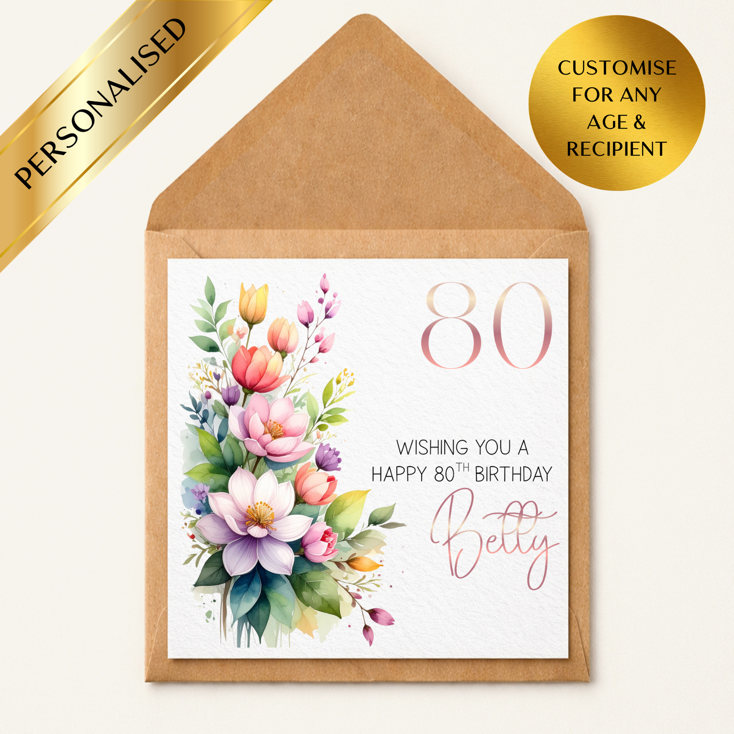 Personalised 50th 60th 70th 80th 90th Birthday Card | Floral Milestone Birthday Card | Custom Name & Age | Elegant Mum Nan Grandma Card