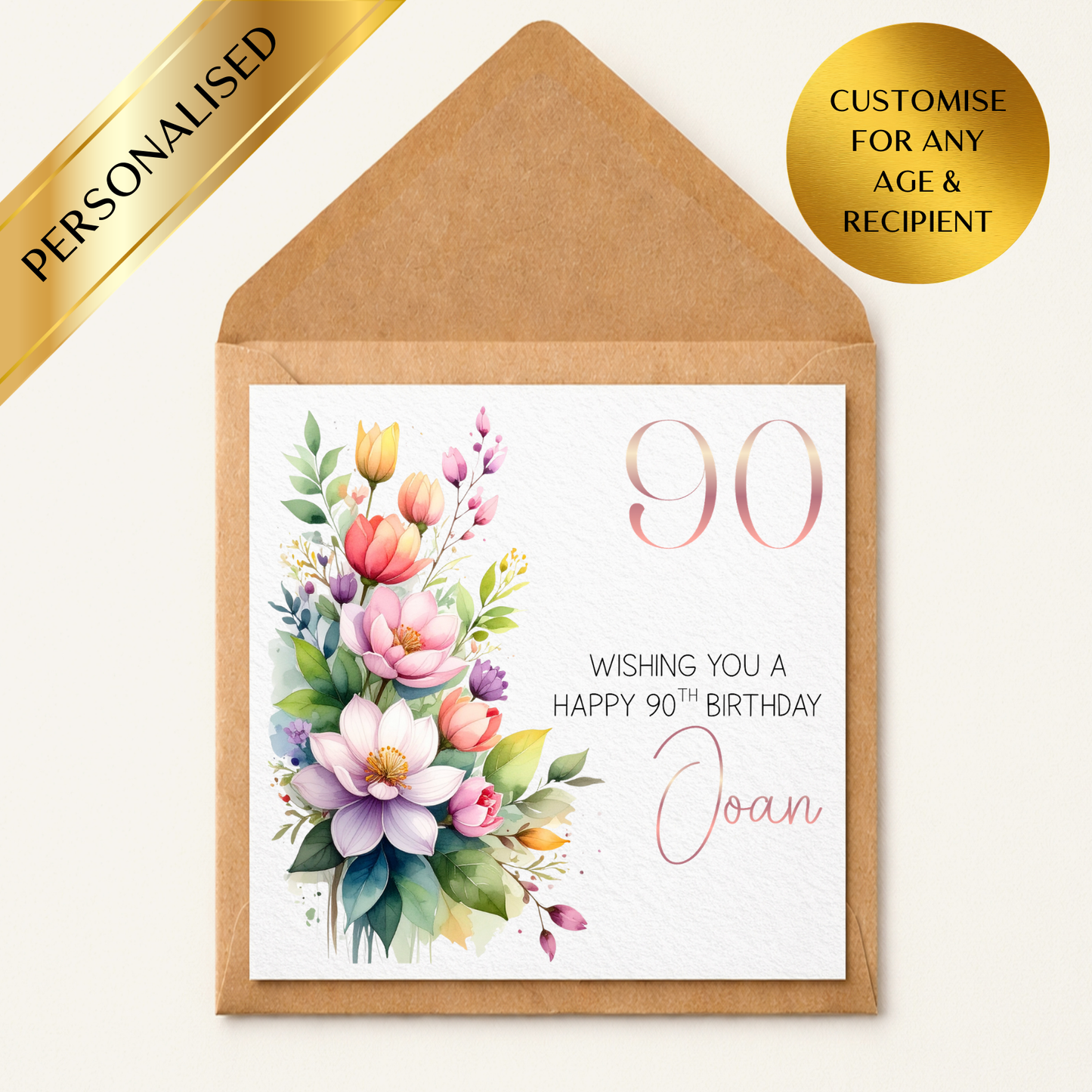 Personalised 50th 60th 70th 80th 90th Birthday Card | Floral Milestone Birthday Card | Custom Name & Age | Elegant Mum Nan Grandma Card