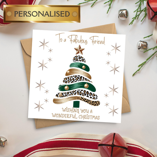 Personalised Fabulous Friend Christmas Card | Leopard Print Christmas Tree Card | Luxury Friend Xmas Card | Custom Name Christmas Greeting