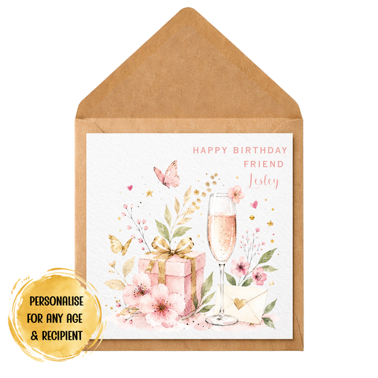 Personalised Birthday Card for Friend | Champagne & Floral Watercolour Birthday Card | Custom Name Birthday Card for Her | Pink Birthday Card