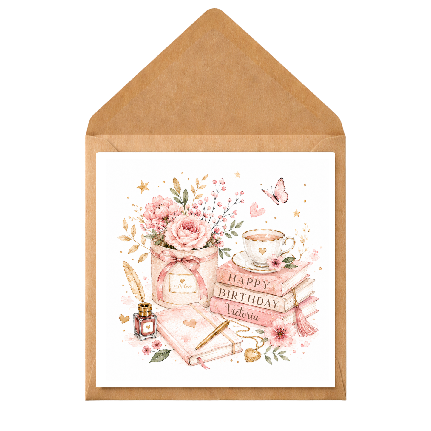 Personalised Book Lover Birthday Card | Custom Name Pink Floral Card | Reader Birthday Card for Her | Tea & Books Watercolour Greeting Card