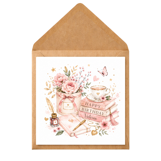 Personalised Book Lover Birthday Card | Custom Name Pink Floral Card | Reader Birthday Card for Her | Tea & Books Watercolour Greeting Card