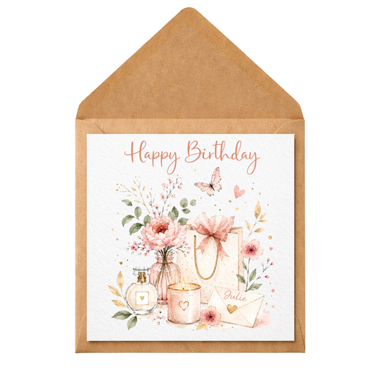 Personalised Floral Birthday Card for Her | Watercolour Birthday Card | Luxury Feminine Birthday Card | Custom Name Card | Pink Floral Greeting Card