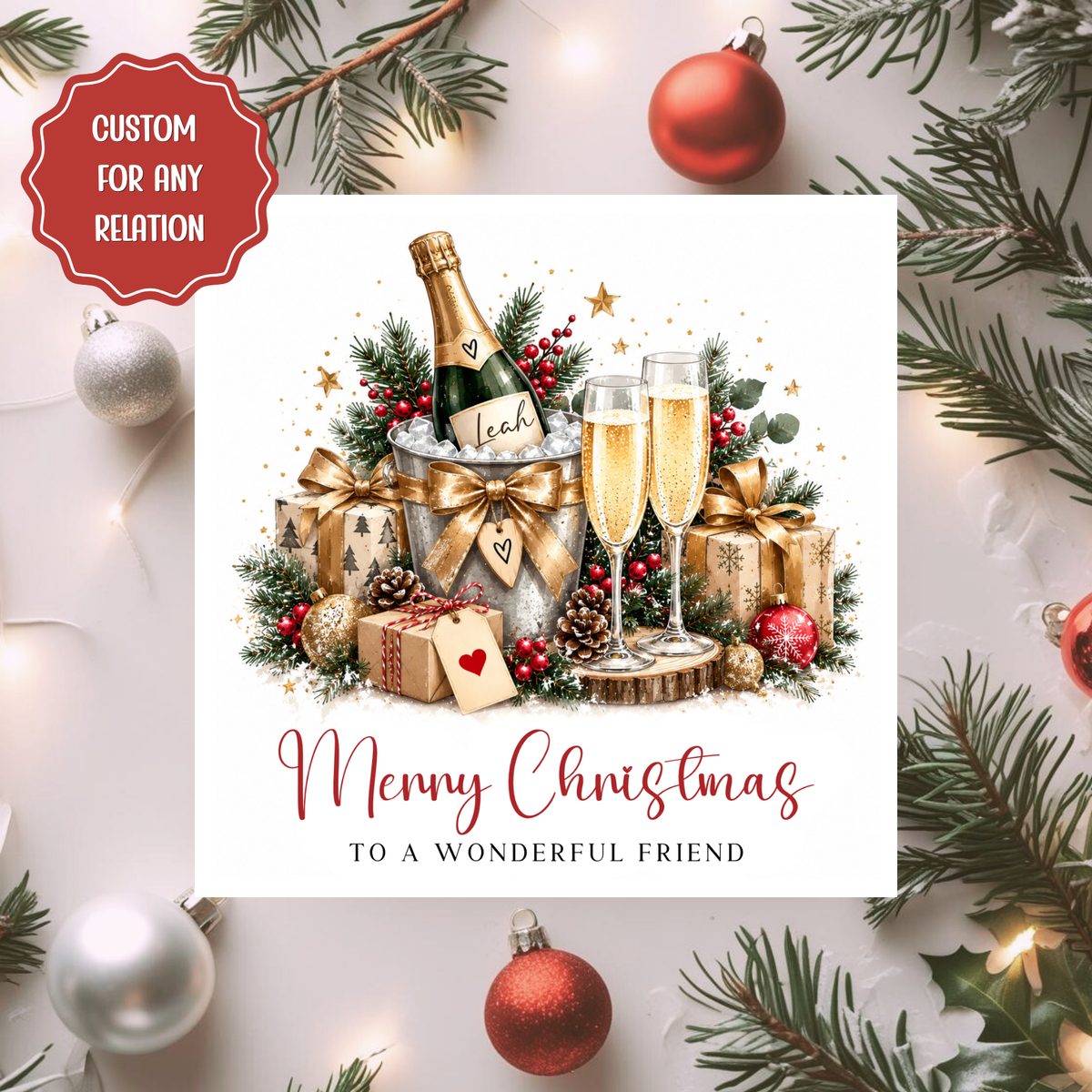 Personalised Friend Christmas Card, Champagne Xmas Card, Custom Name Card for Any Relation, Festive Christmas Cheers Card