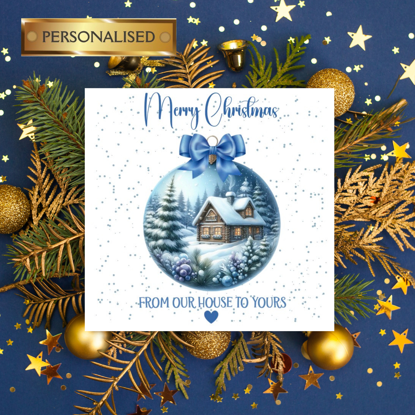 Personalised “From Our House to Yours” Christmas Card – Cosy Winter Bauble Design