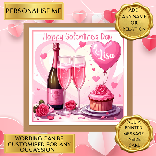 Personalised Galentine’s Day Card | Custom Name | Valentine’s For Friends | Printed Message Option | Pink Champagne Cupcake Card | Friend
