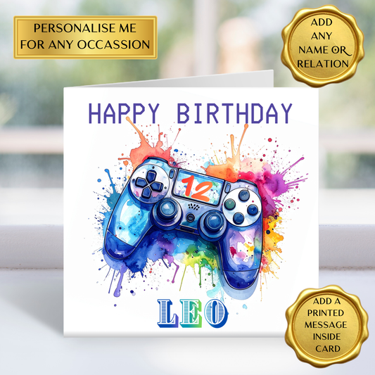 Personalised Gamer Birthday Card | Custom Age & Name | Gaming Controller Watercolour