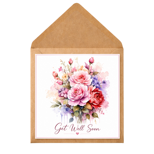 Personalised Get Well Soon Card – Floral Watercolour Flowers | Custom Printed Message Inside | For Friends, Family, Mum, Nan | Sending Love Card