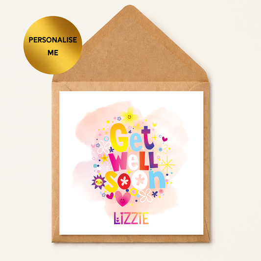 Personalised Get Well Soon Card | Custom Name Recovery Card | Cheerful Bright Thinking of You Card | Cute Floral Smiley Card