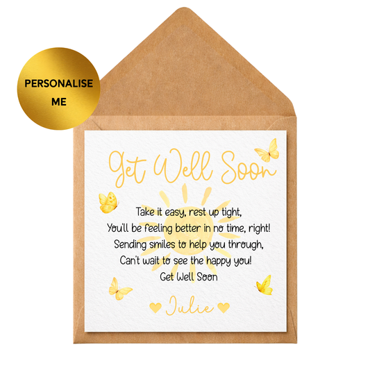 Personalised Get Well Soon Card | Thinking of You Card | Cheer Up Card | Custom Name Recovery Card | Cute Sunshine Butterfly Card | Friend Family Card