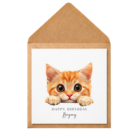 Personalised Ginger Cat Birthday Card, Cute Kitten Birthday Card, Custom Name Cat Card, Watercolour Cat Greeting Card, Cat Lover Birthday Gift