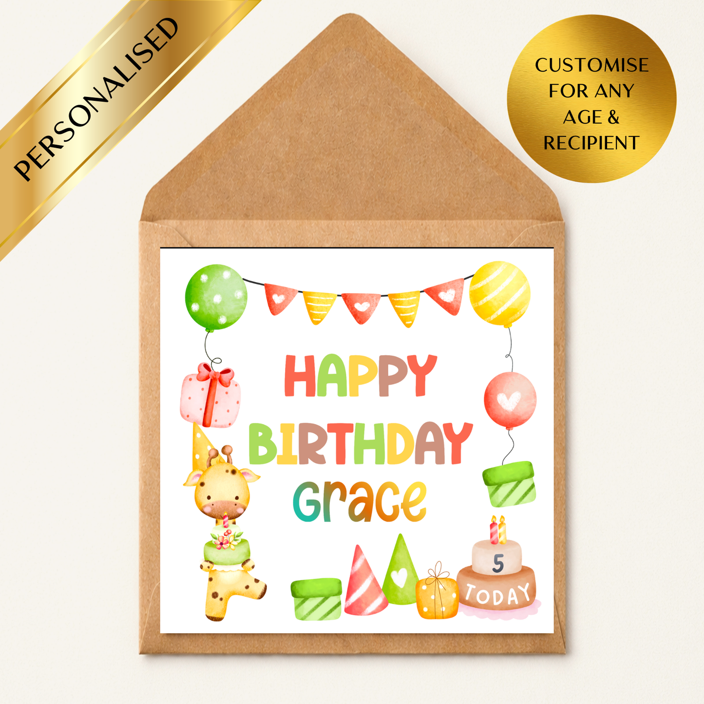 Personalised Kids Birthday Card | Cute Giraffe Birthday Card | Custom Name & Age Card | Children's Birthday Card | Boy or Girl Birthday | Animal Birthday Card