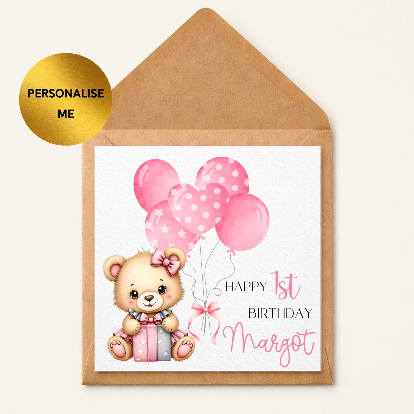 Personalised 1st Birthday Card Girl, Teddy Bear Birthday Card, Pink Balloon Card, First Birthday Card, Baby Girl 1st Birthday Keepsake