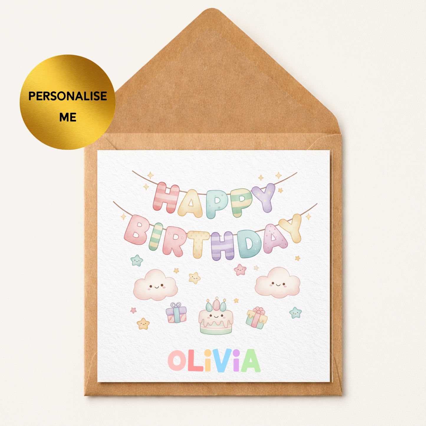 Personalised Girls Birthday Card | Cute Pastel Birthday Card for Kids | Custom Name Birthday Card Daughter Granddaughter Niece | Rainbow Birthday Card