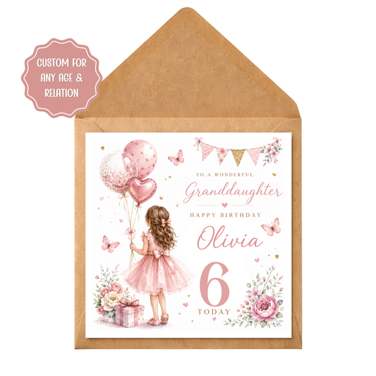 Personalised Girls Birthday Card | Custom Daughter Granddaughter Sister Card | Any Age Birthday Card | Pink Floral Balloon Card