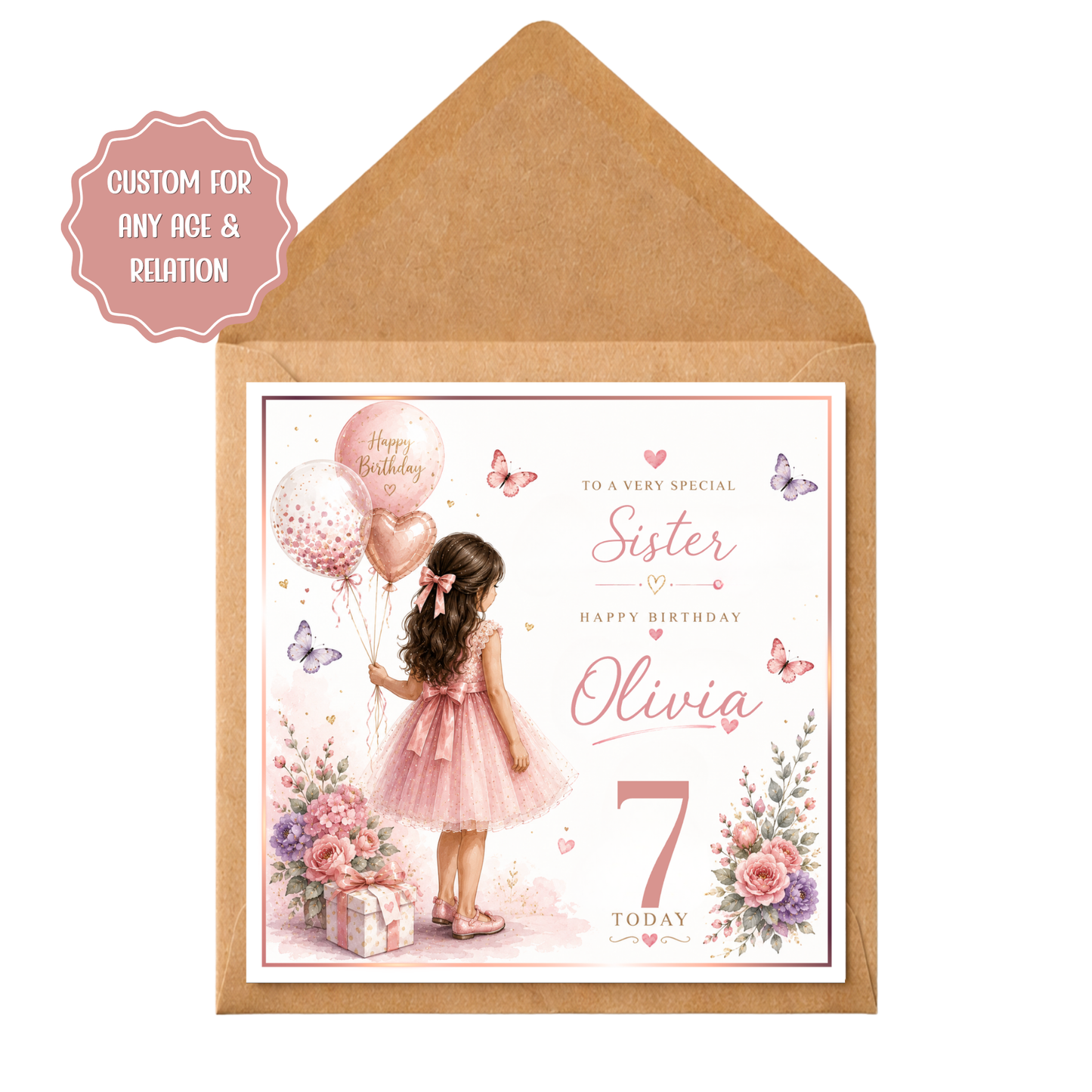 Personalised Girls Birthday Card | Custom Daughter Granddaughter Sister Card | Any Age Birthday Card | Pink Floral Balloon Card