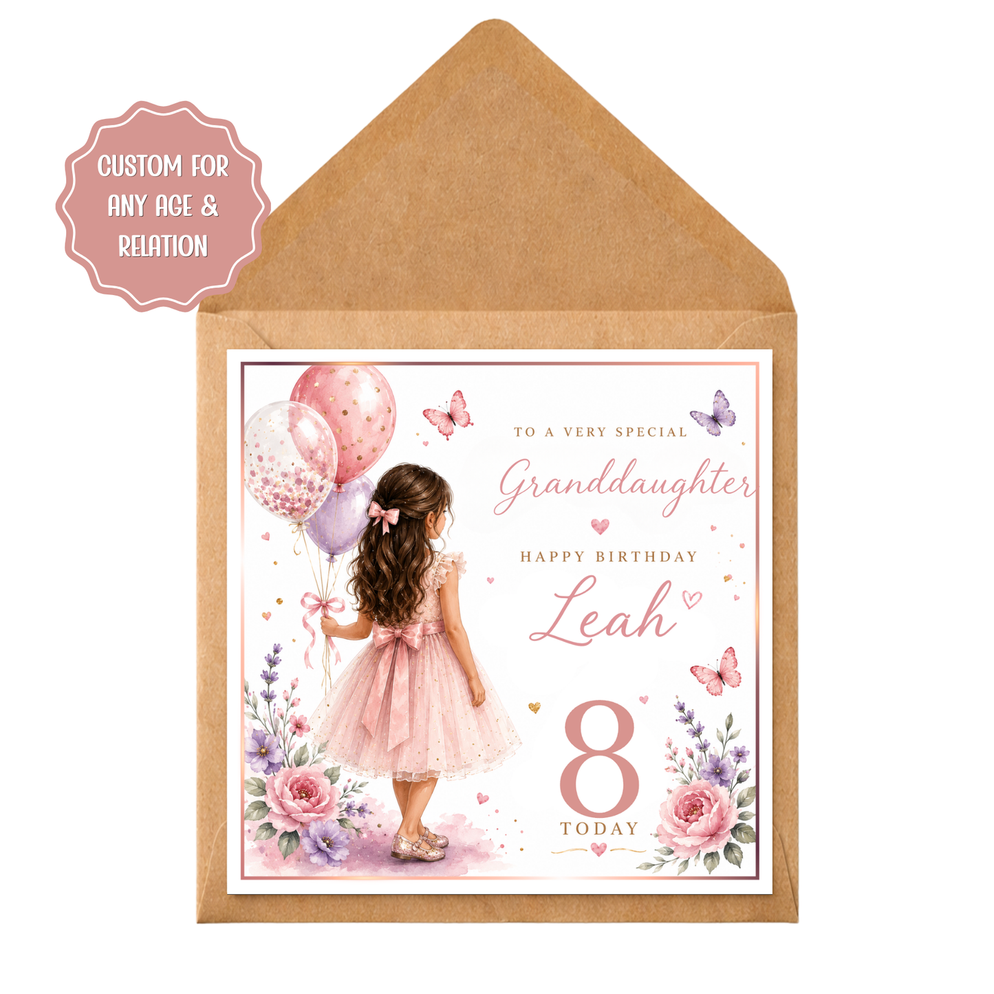 Personalised Girls Birthday Card | Custom Daughter Granddaughter Sister Card | Any Age Birthday Card | Pink Floral Balloon Card