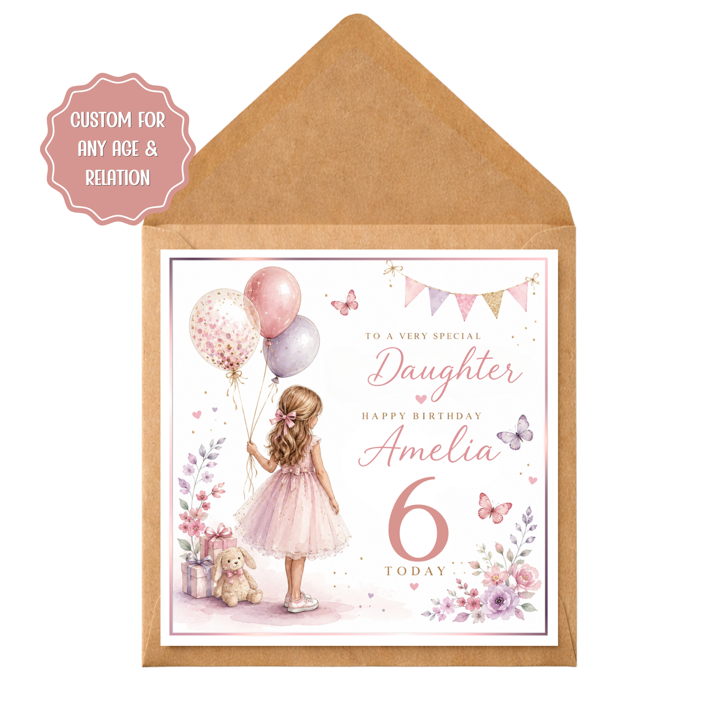 Personalised Girls Birthday Card | Custom Daughter Granddaughter Sister Card | Any Age Birthday Card | Pink Floral Balloon Card