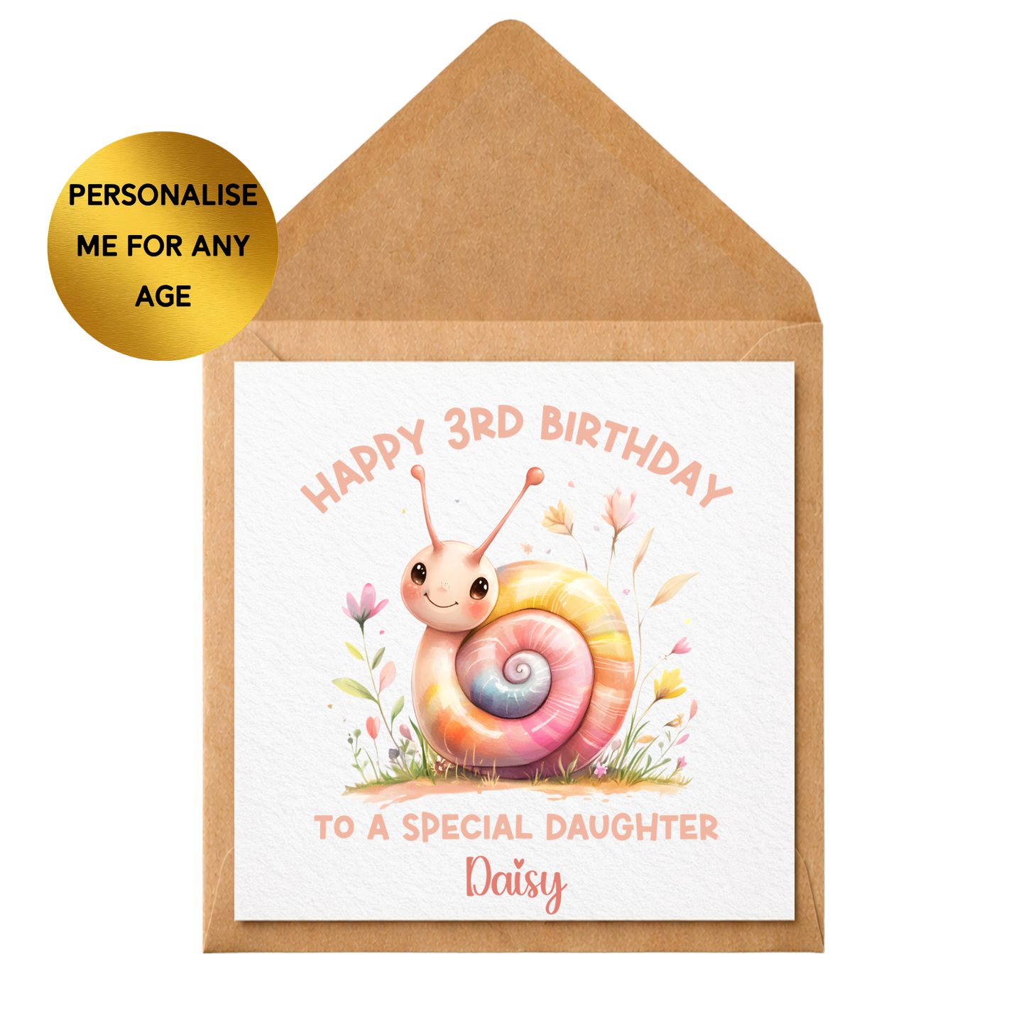 Personalised Girls Birthday Card Any Age, Cute Snail Birthday Card, Daughter Birthday Card, Kids Birthday Card, Custom Name Card for Girl