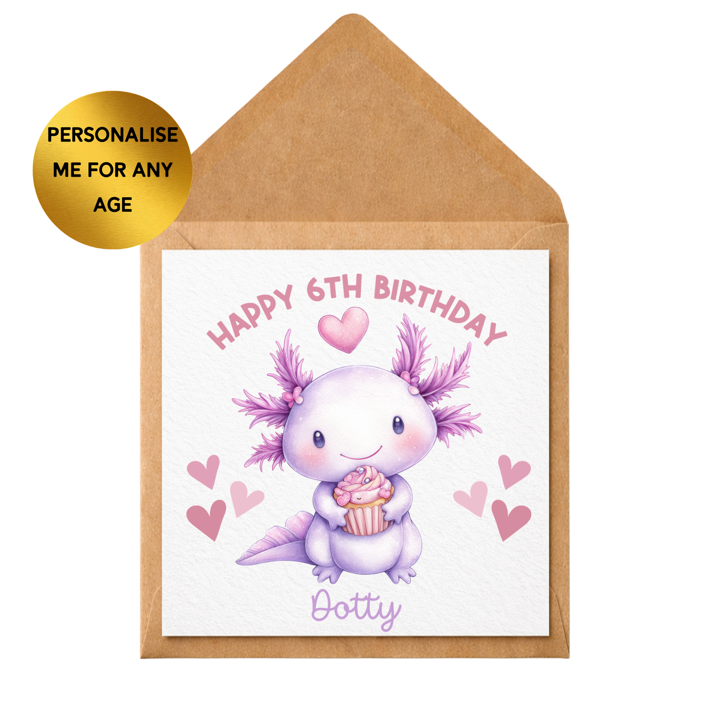 Personalised Axolotl Birthday Card for Girl | Cute Animal Birthday Card Any Age | Custom Name Child Birthday Card | Pink Purple Kids Card