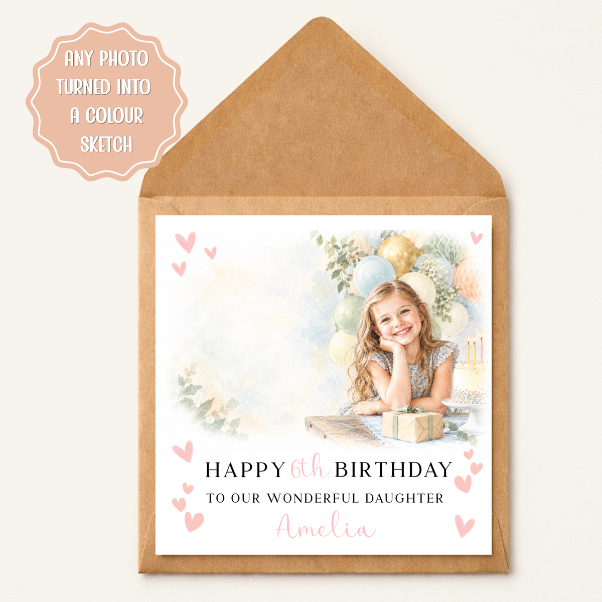Personalised Birthday Card for Girls, Colour Sketch Birthday Greeting Card, Custom Name Card, Pink Heart Design, Daughter, Granddaughter