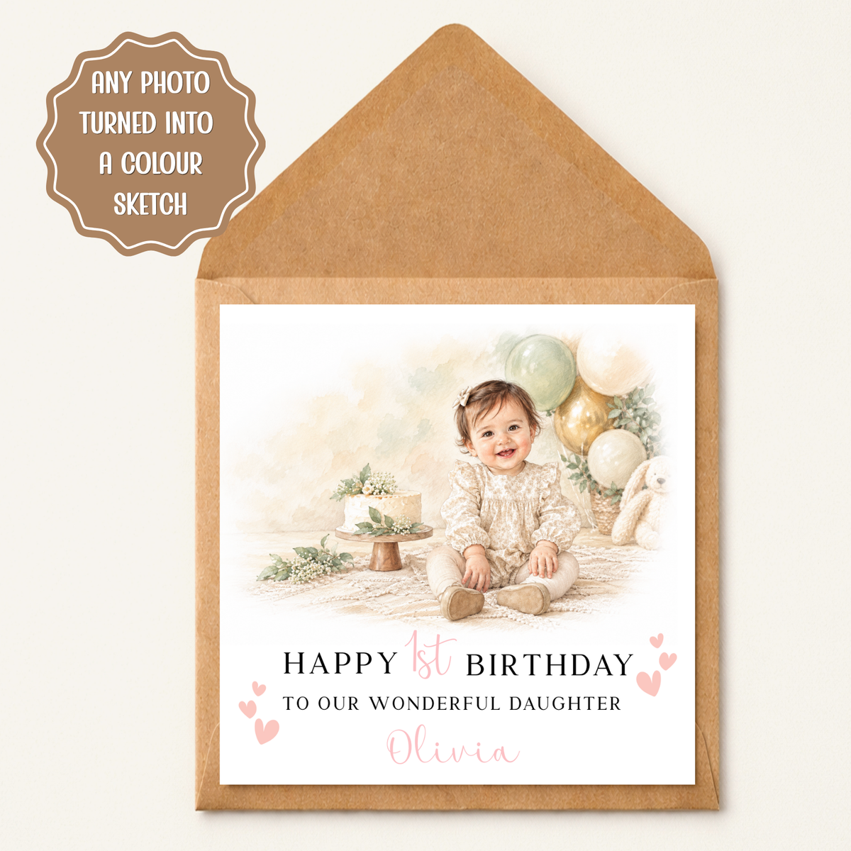 Personalised First Birthday Card, Baby Girl Colour Sketch Greeting Card, Custom Name 1st Birthday Card, Pastel Balloon Design