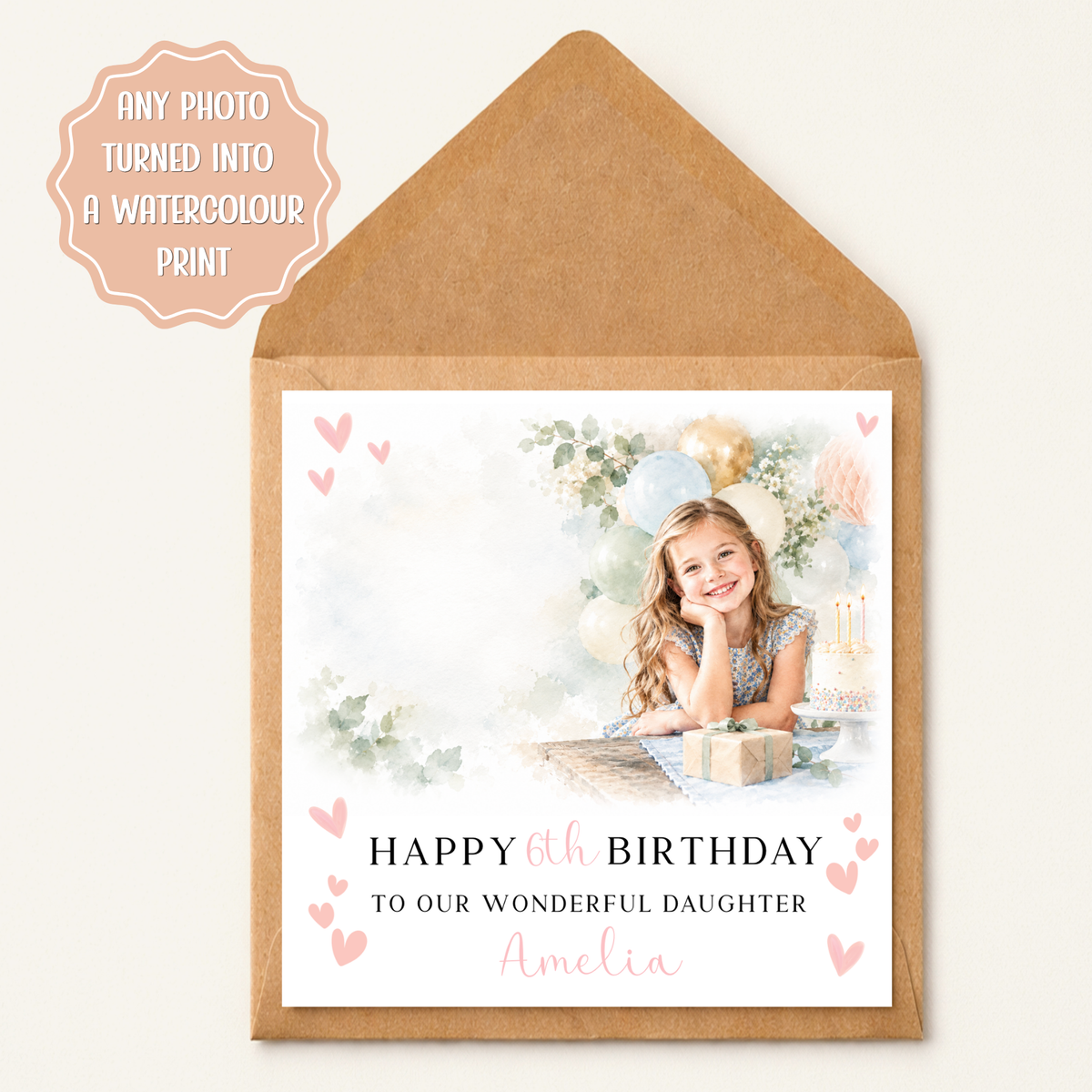 Personalised Birthday Card for Girls, Watercolour Birthday Greeting Card, Custom Name Card, Pink Heart Design, Daughter, Granddaughter
