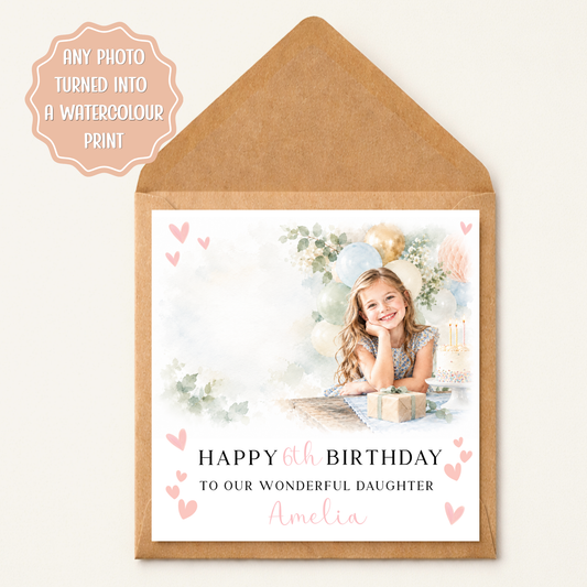 Personalised Birthday Card for Girls, Watercolour Birthday Greeting Card, Custom Name Card, Pink Heart Design, Daughter, Granddaughter