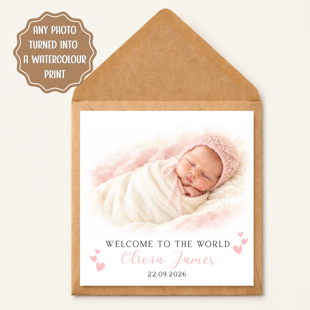 Personalised New Baby Girl Card, Watercolour New Baby Greeting Card, Custom Newborn Announcement Card, New Baby Keepsake, New Baby Girl Card