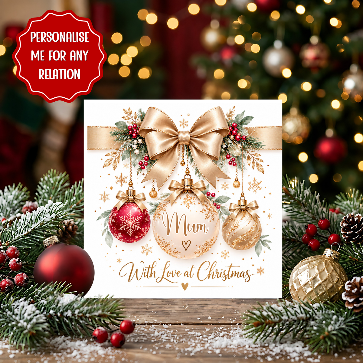 Personalised Bauble Christmas Card, With Love at Christmas Card, Red Gold Bauble Card, Christmas Card for Him Her, Custom Relation Xmas Card
