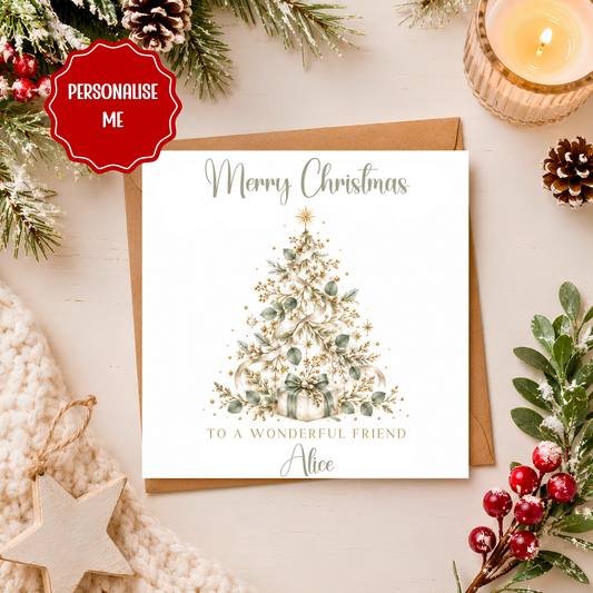 Personalised Christmas Card for Any Relation, Custom Name Xmas Card, Elegant Christmas Tree Card, Friend Mum Sister Daughter Christmas Card