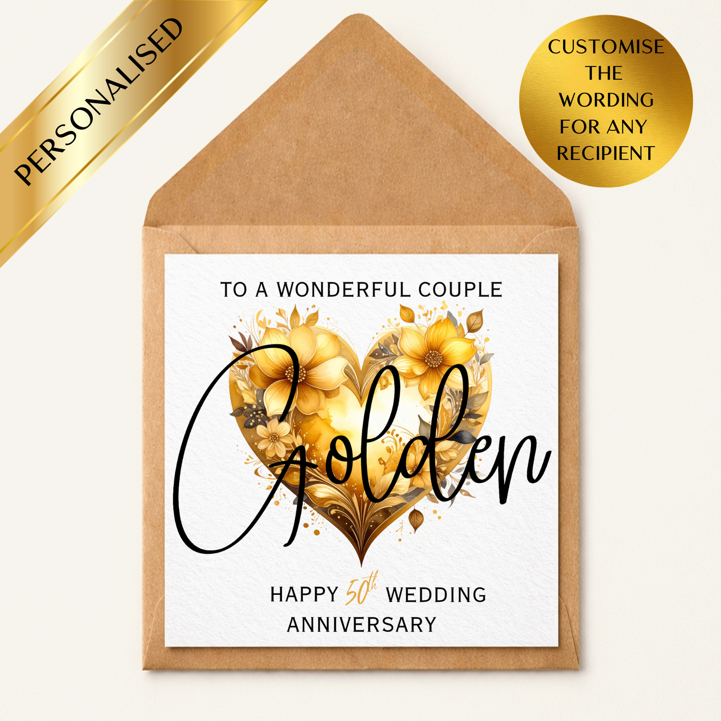 Personalised Golden Wedding Anniversary Card, 50th Anniversary Card, Gold Floral Heart Card, Custom Anniversary Card for Couple, Mum Dad Wife