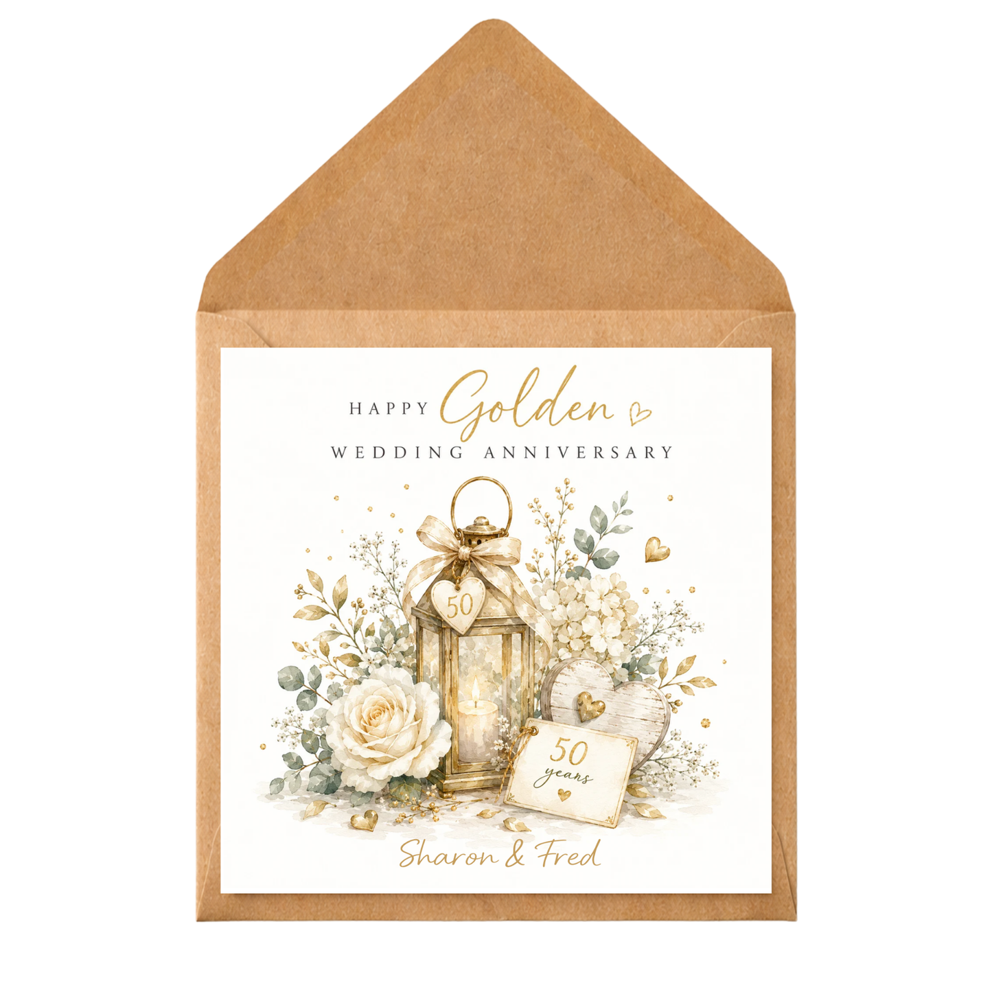 Golden Wedding Anniversary Card | Personalised 50th Anniversary Card for Couple | Elegant Gold Floral Lantern Design
