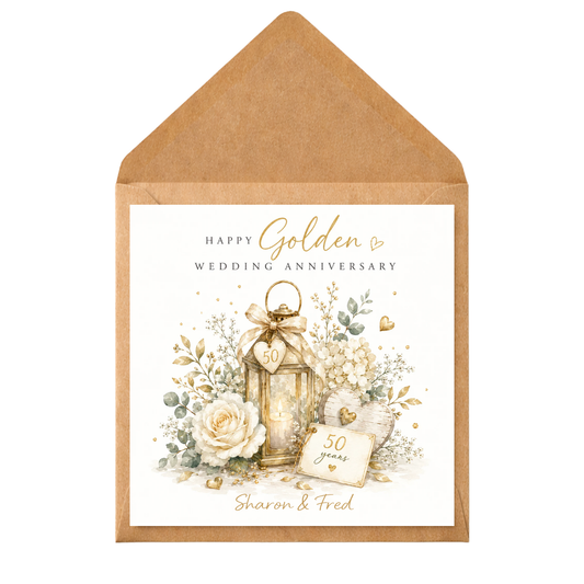 Golden Wedding Anniversary Card | Personalised 50th Anniversary Card for Couple | Elegant Gold Floral Lantern Design