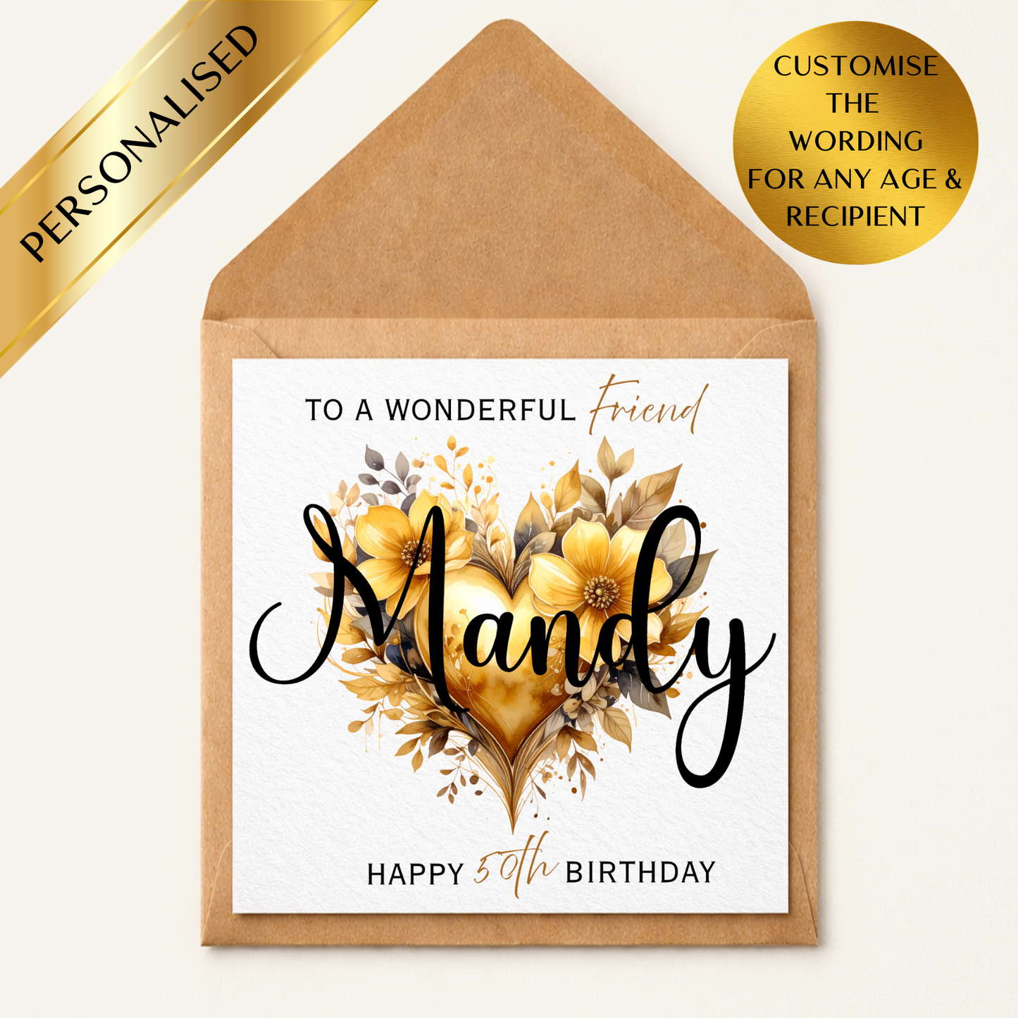 Personalised 50th Birthday Card for Friend | Custom Name Milestone Birthday Card | Gold Floral Heart Birthday Card | Any Age Any Recipient
