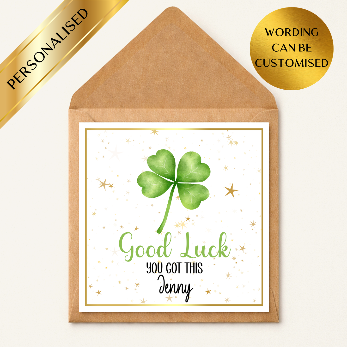 Personalised Good Luck Card With Name | Four Leaf Clover Lucky Card | Exam Good Luck Card | New Job Good Luck | Custom Encouragement Card