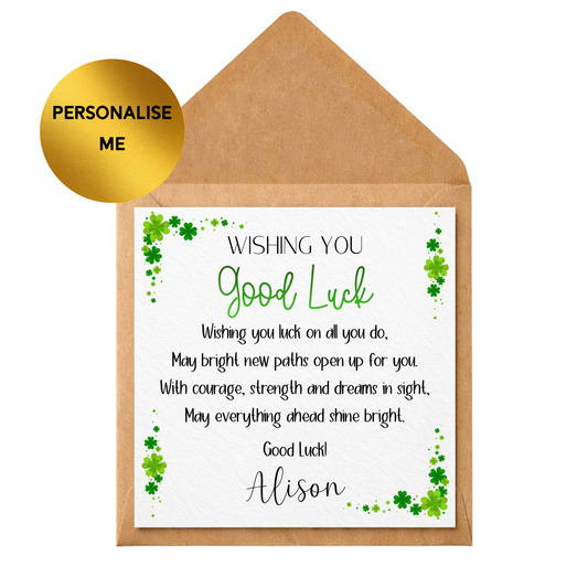 Personalised Good Luck Card | Lucky Clover Greeting Card | Custom Name Good Luck Card | Best Wishes Card | Exam New Job Driving Test Card