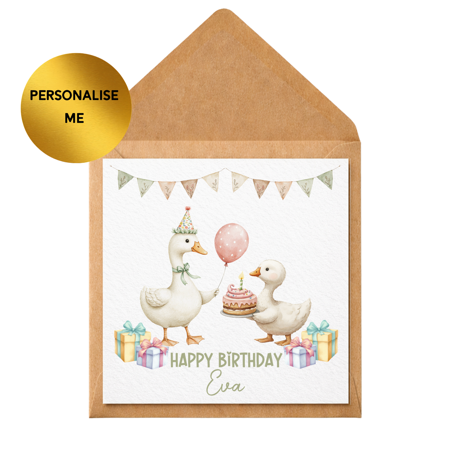 Personalised Duck Birthday Card, Cute Goose Birthday Card for Child, Any Name Birthday Card, Kids Birthday Card, Animal Birthday Card Girl Boy