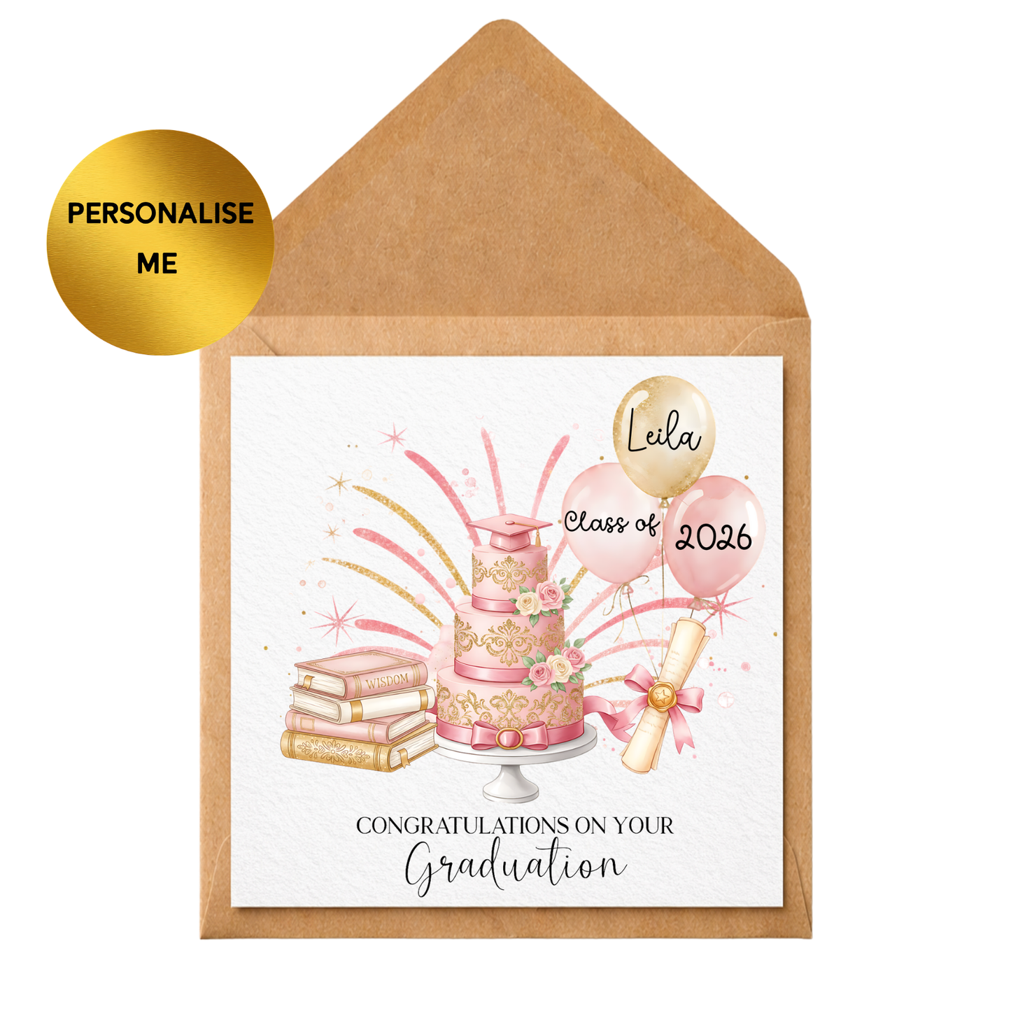 Personalised Graduation Card Class of 2026 | Custom Name Graduation Card | Congrats Graduate Card | Graduation Card | Pink Gold Card
