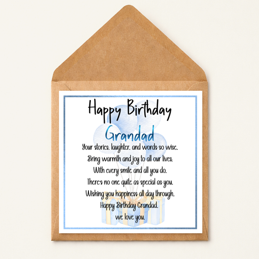 Grandad Birthday Card, Happy Birthday Grandad Card, Special Grandad Poem Card, Birthday Card for Grandad from Grandchildren, Cute Blue Balloon Card