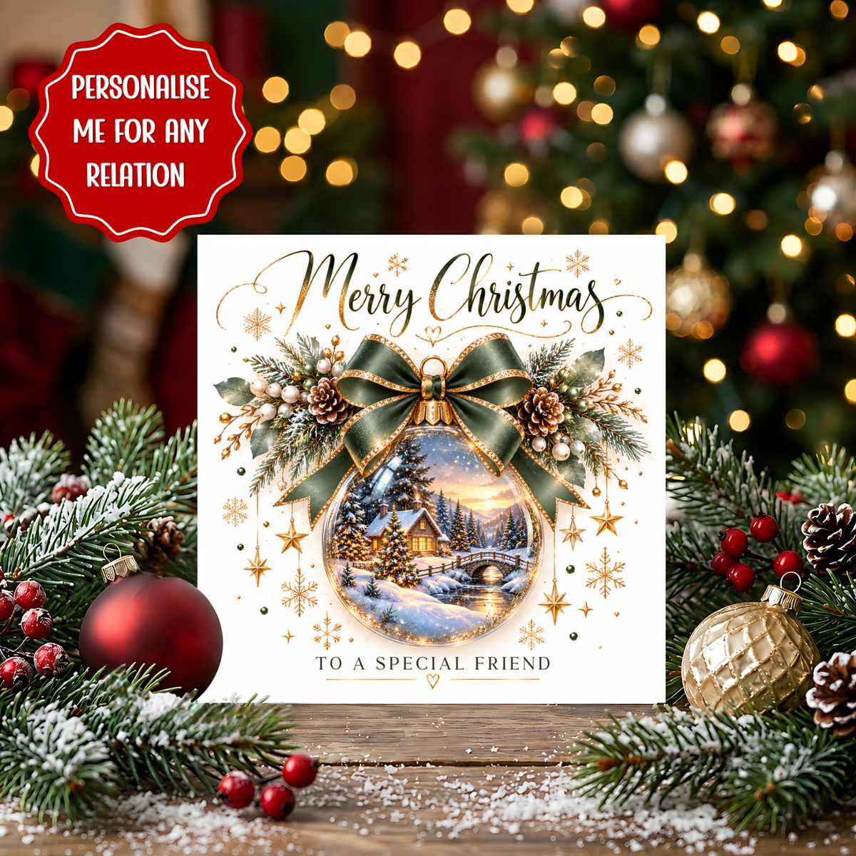 Personalised Christmas Card, Special Friend Christmas Card, Any Recipient Xmas Card, Green Gold Bauble Card, Custom Christmas Card
