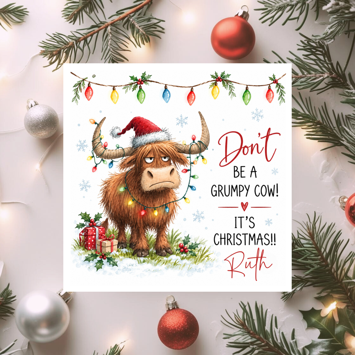 Personalised “Don’t Be a Grumpy Cow!” Christmas Card – Funny Highland Cow Festive Card