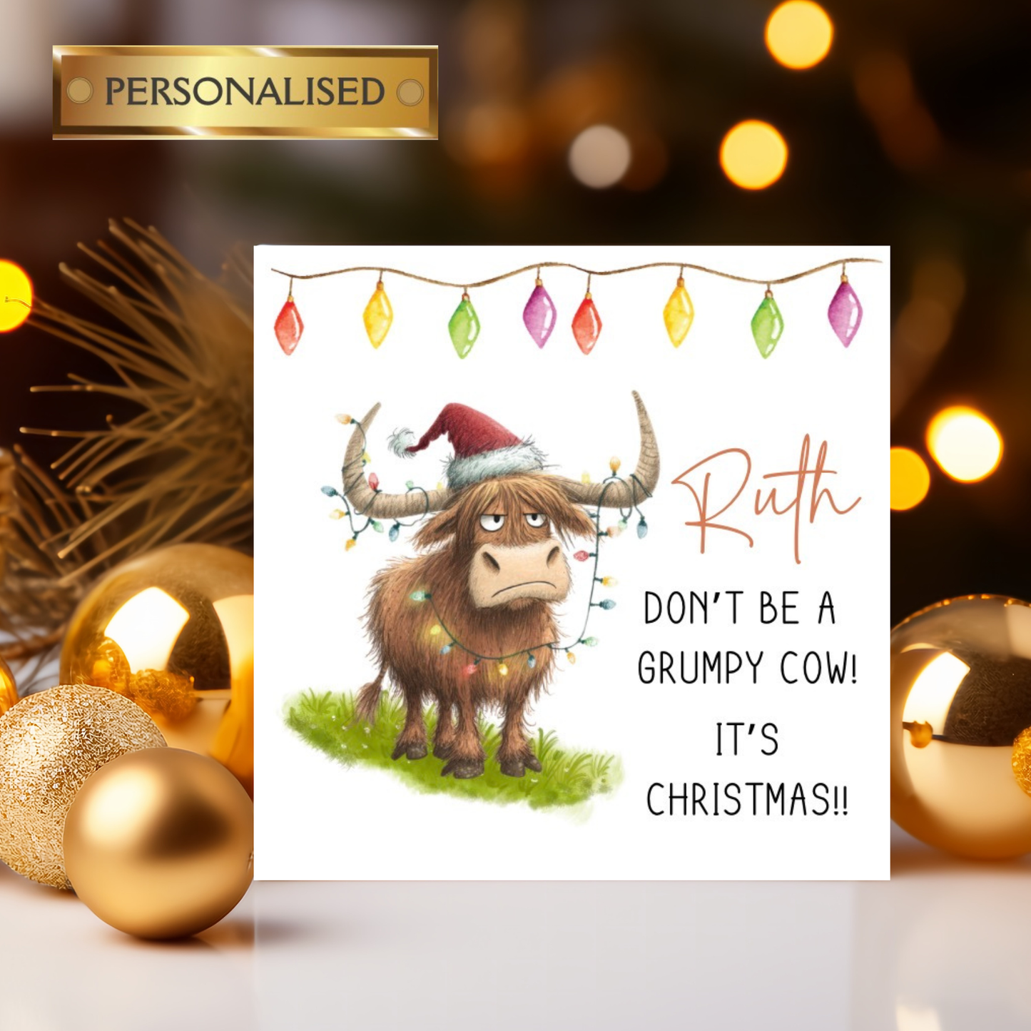 Personalised “Don’t Be a Grumpy Cow!” Christmas Card – Funny Highland Cow Festive Card