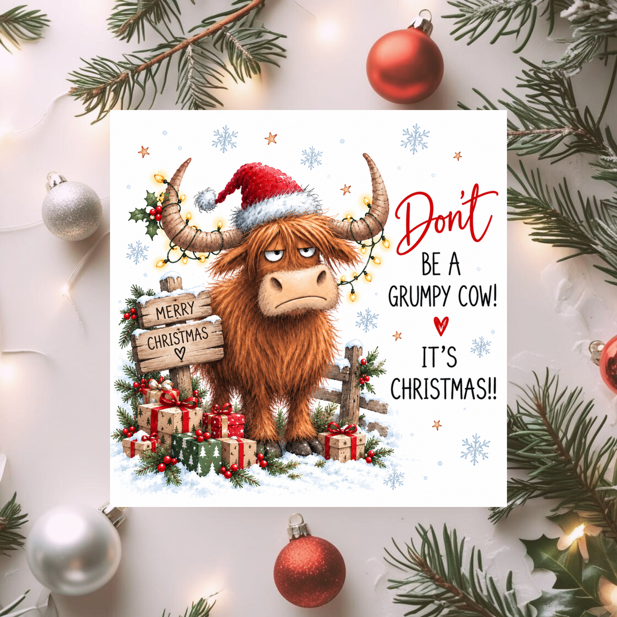 Don’t Be a Grumpy Cow! Christmas Card – Funny Highland Cow Festive Card