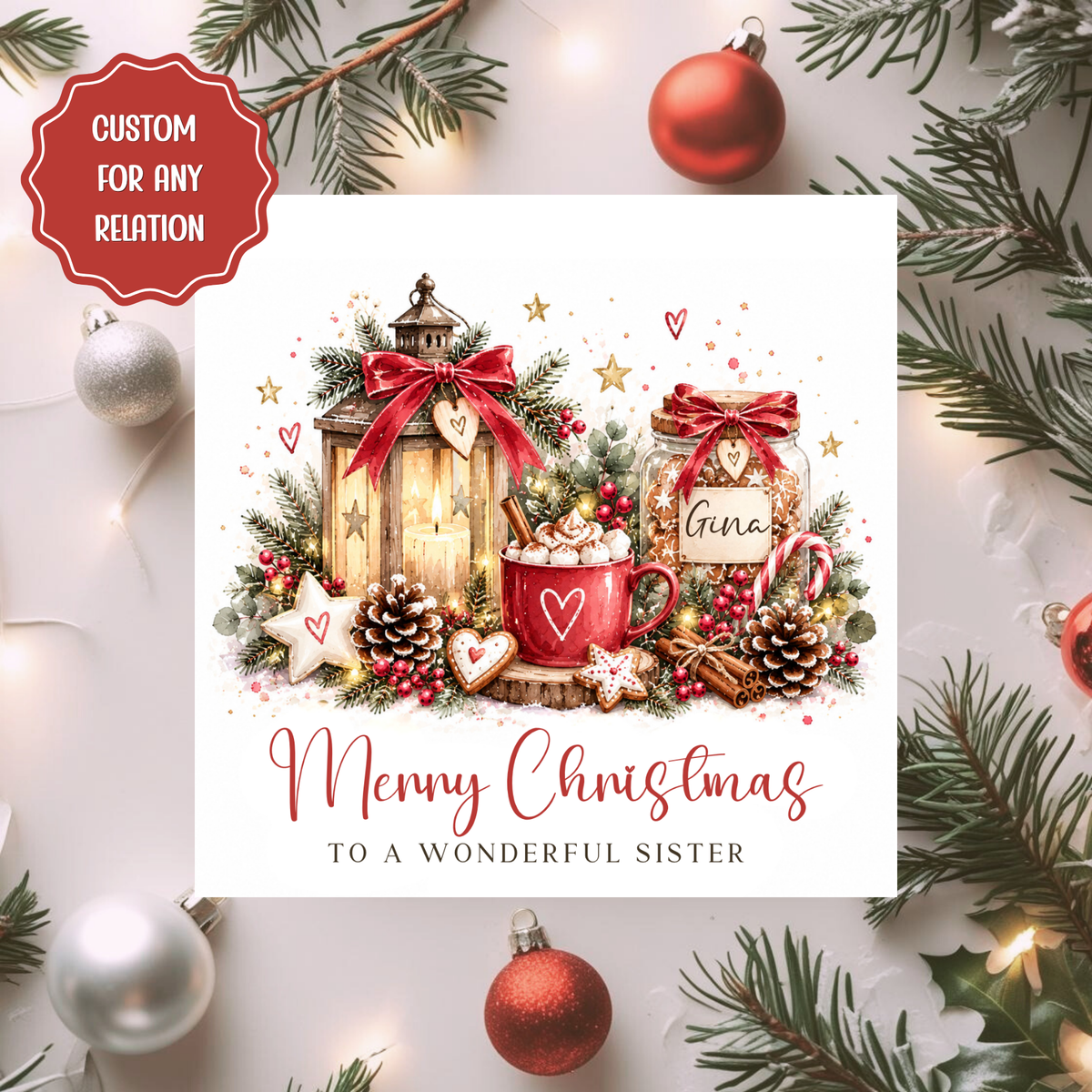 Personalised Sister Christmas Card, Hot Chocolate Xmas Card, Custom Name Card for Any Relation, Cosy Festive Card