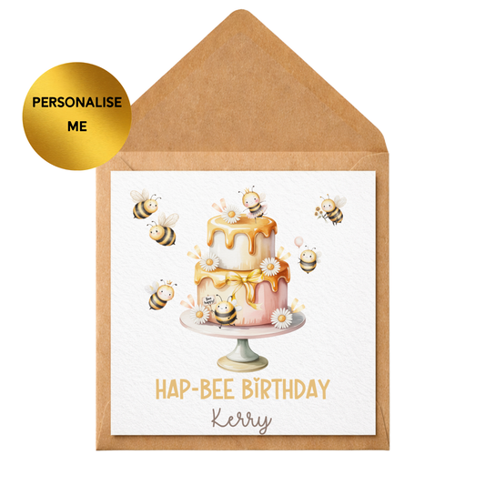 Personalised Hap-Bee Birthday Card, Cute Bee Birthday Card, Funny Pun Birthday Card, Custom Name Birthday Card, Bee Cake Card, For Her