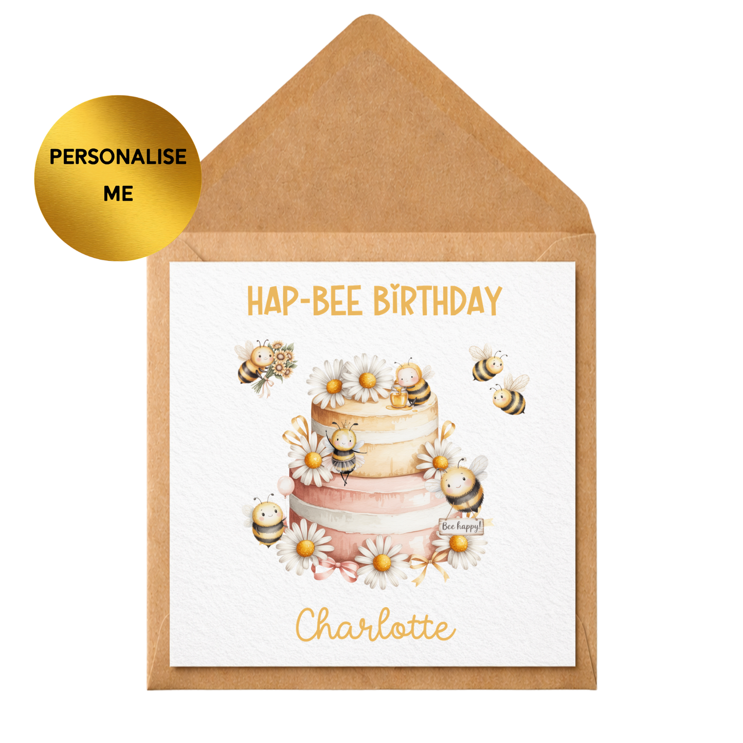 Personalised Bee Birthday Card, Hap-Bee Birthday Card, Cute Bee Card for Her, Custom Name Birthday Card, Floral Bee Cake Card, Any Age Birthday