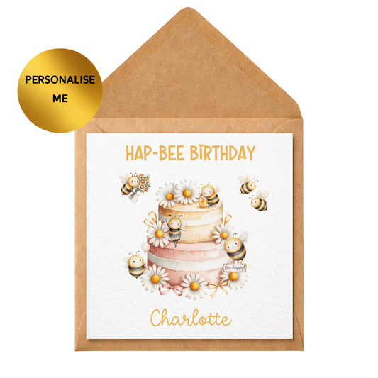 Personalised Bee Birthday Card, Hap-Bee Birthday Card, Cute Bee Card for Her, Custom Name Birthday Card, Floral Bee Cake Card, Any Age Birthday