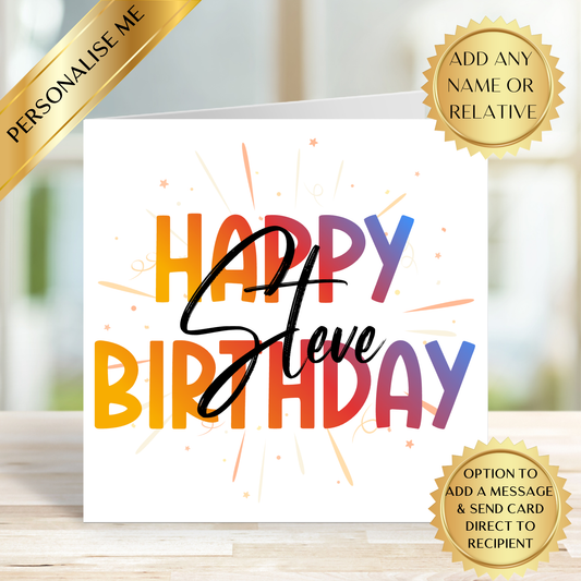 Personalised Happy Birthday Card – Any Name & Relation | Colourful Modern Birthday Card | Custom Birthday Card