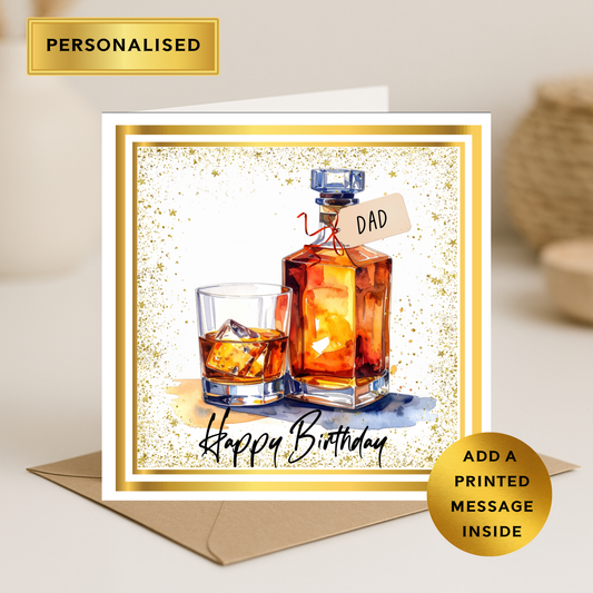 Personalised Whisky Birthday Card – Any Male Relation – Custom Name – Luxury Gold Detail – Printed Message Option